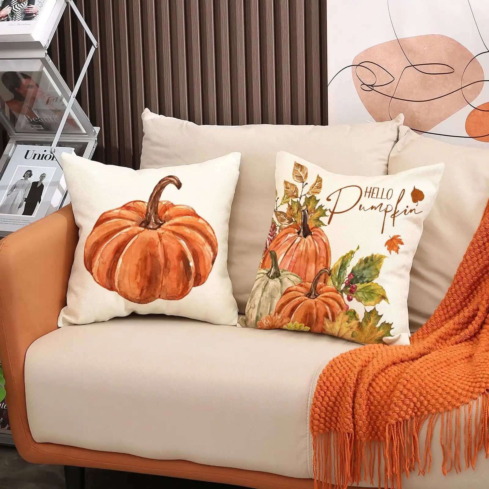 Throw pillow covers – Durable fabric – Autumn pumpkin and leaf designs – Fits 18x18 cushions – Set of 4 decorative covers 2