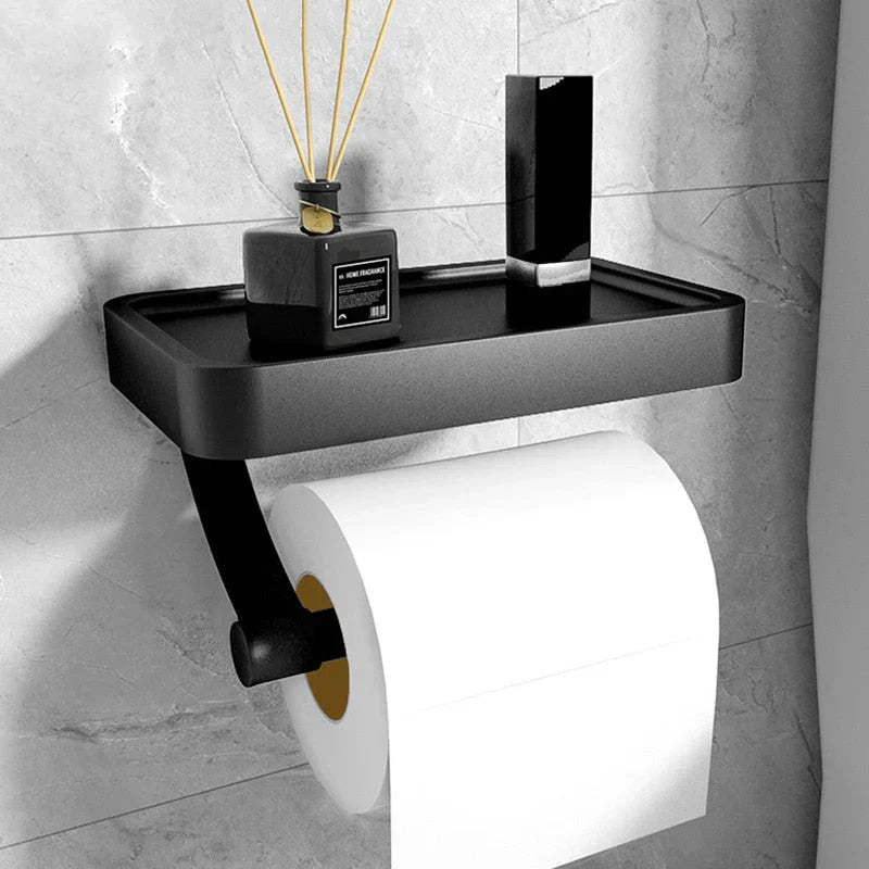 Toilet paper holder – Stainless steel – Wall-mounted with shelf – Modern bathroom accessory 0