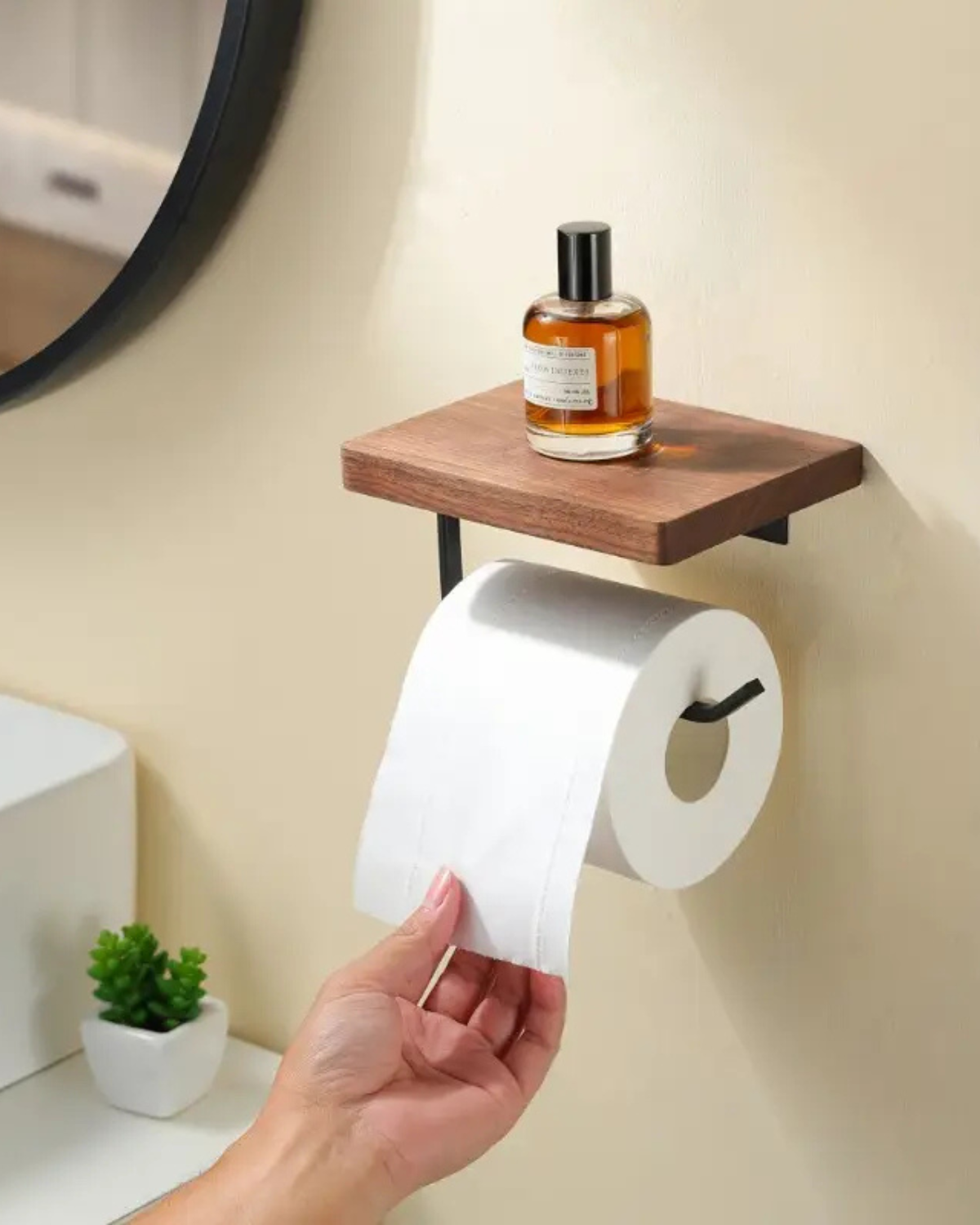 Toilet paper holder stand – Solid wood and metal – Black finish – Modern bathroom accessory 0