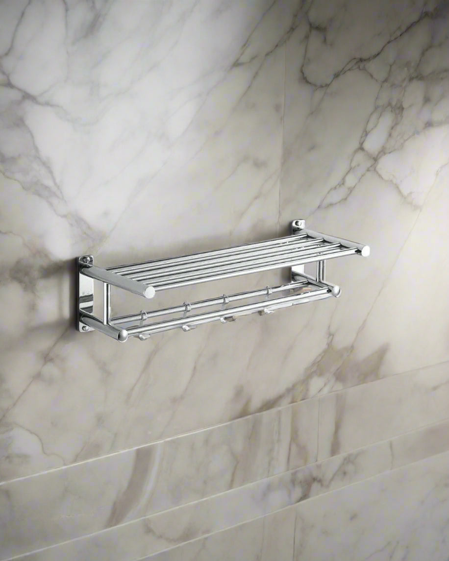 Towel rack – Polished chrome – Durable stainless steel – Modern bathroom organizer with hooks 0