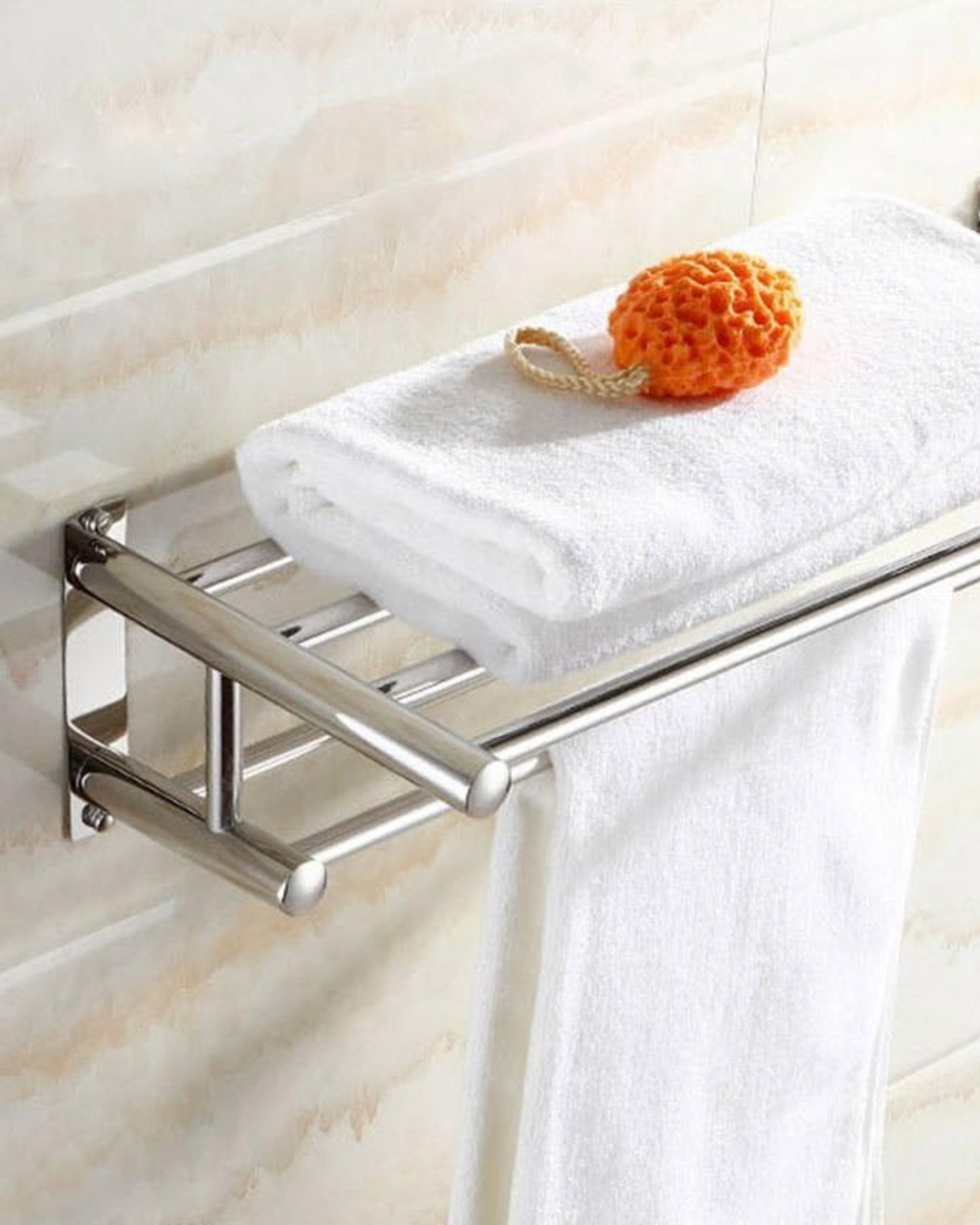 Towel rack – Polished chrome – Durable stainless steel – Modern bathroom organizer with hooks 1