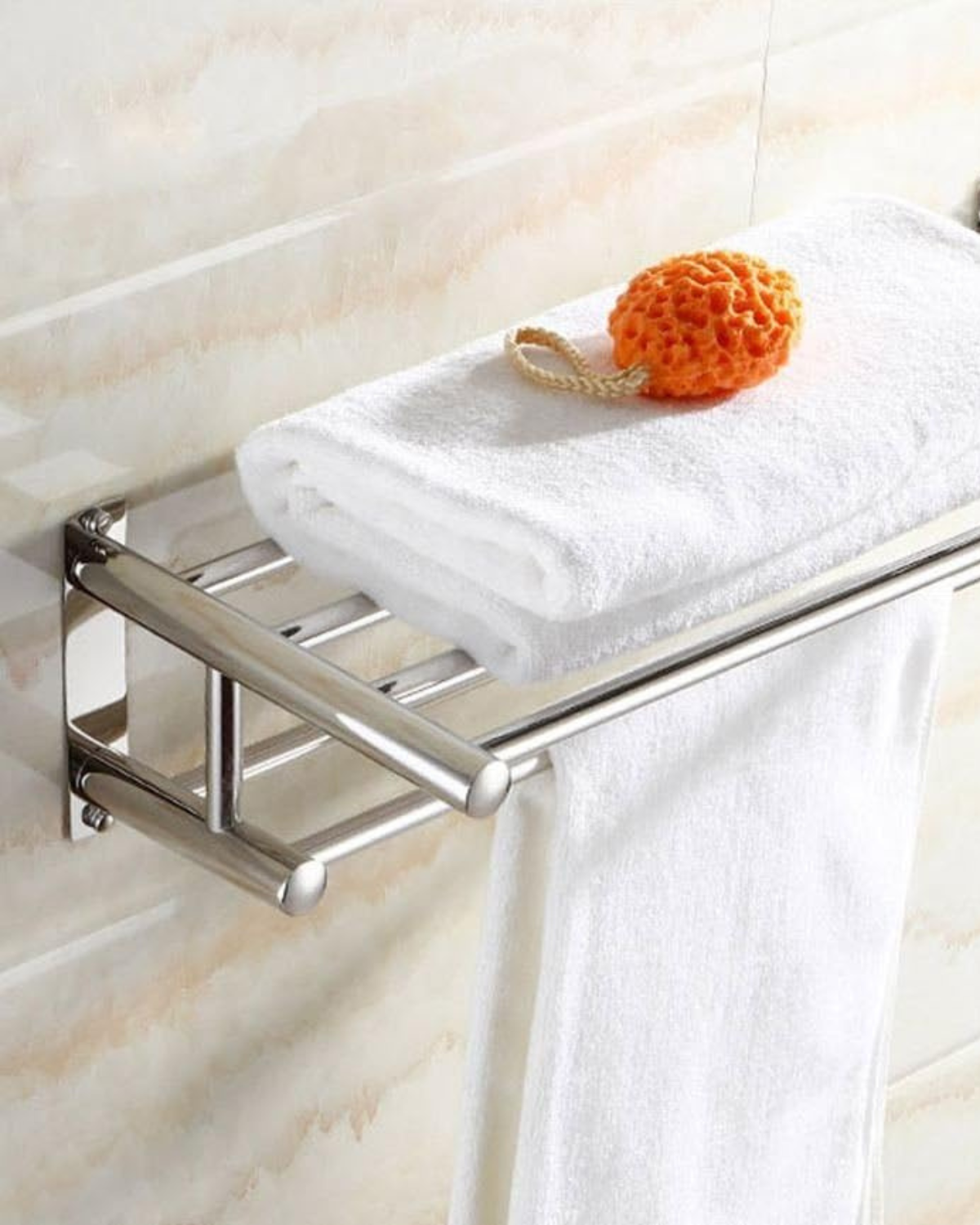 Towel rack – Polished chrome – Durable stainless steel – Modern bathroom organizer with hooks 1