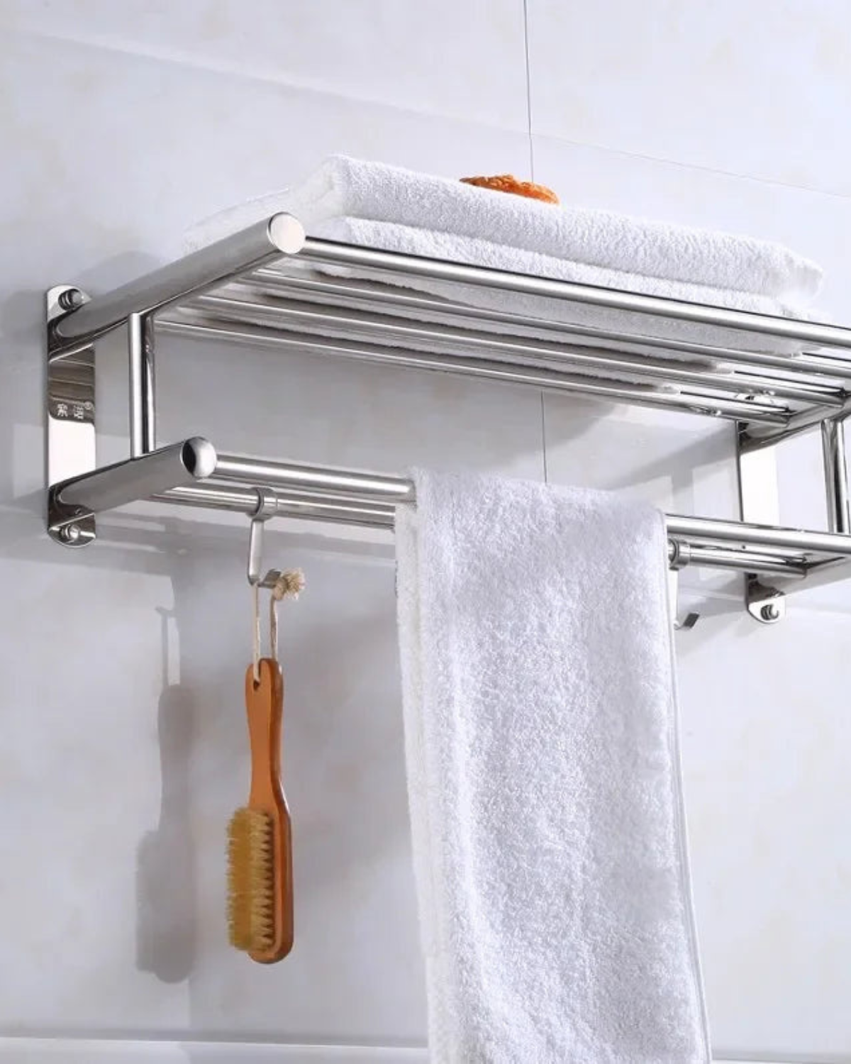 Towel rack – Polished chrome – Durable stainless steel – Modern bathroom organizer with hooks 2