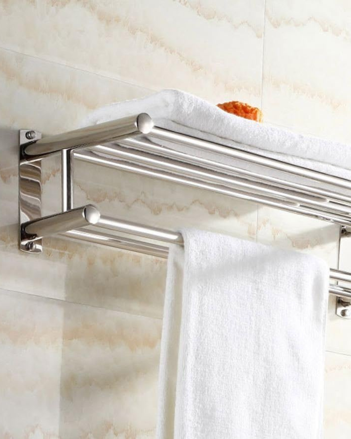 Towel rack – Polished chrome – Durable stainless steel – Modern bathroom organizer with hooks 3