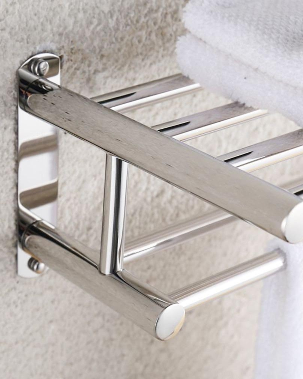Towel rack – Polished chrome – Durable stainless steel – Modern bathroom organizer with hooks 4