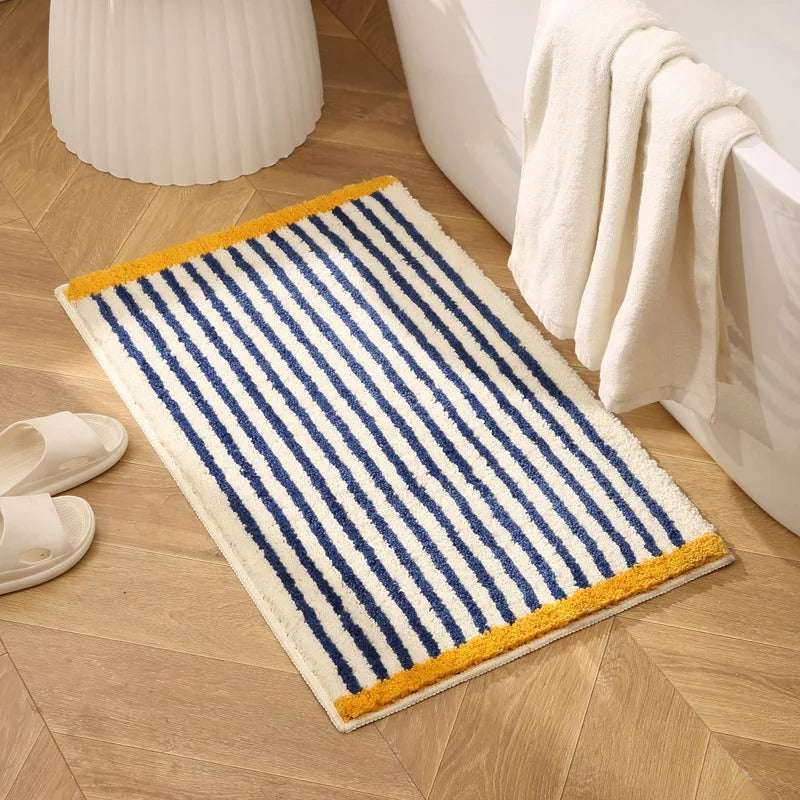Tufted bath mat – Soft polyester – Modern blue stripe design – Anti-slip for bathroom and kitchen 0
