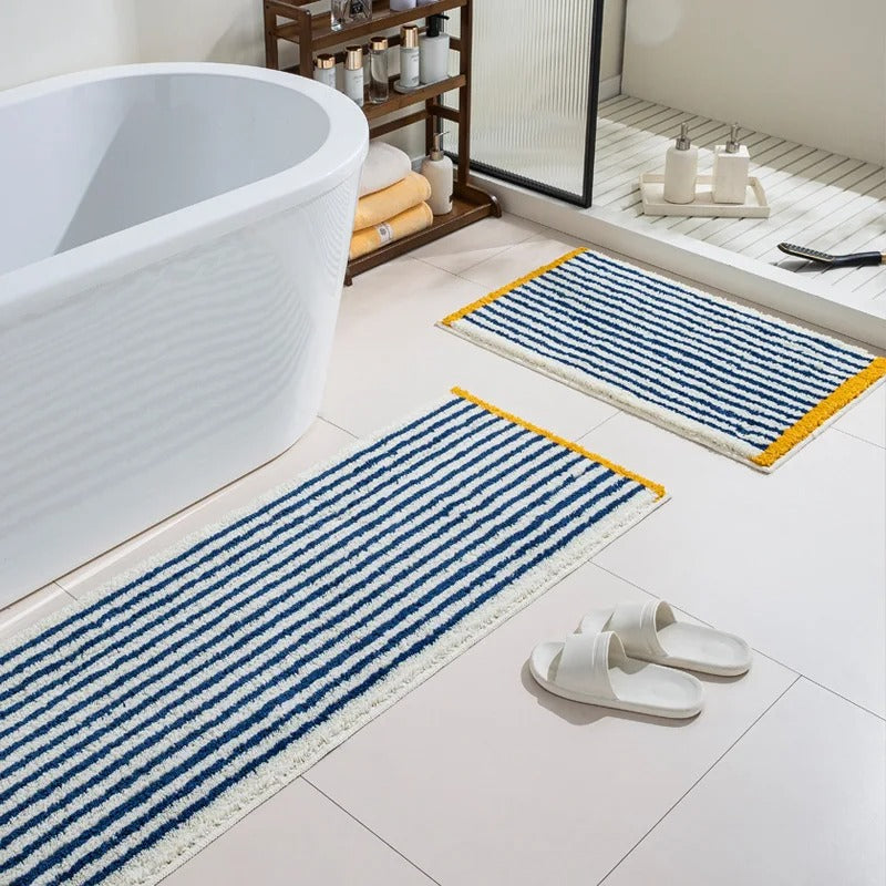 Tufted bath mat – Soft polyester – Modern blue stripe design – Anti-slip for bathroom and kitchen 1
