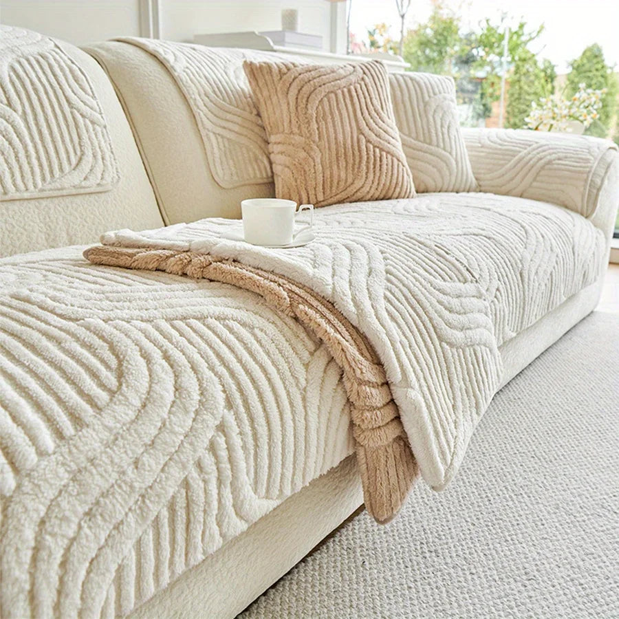 Cream velvet striped sofa cover with non-slip backing, designed to protect and enhance your couch. Features elegant stripes for a chic look, perfect for adding a 0