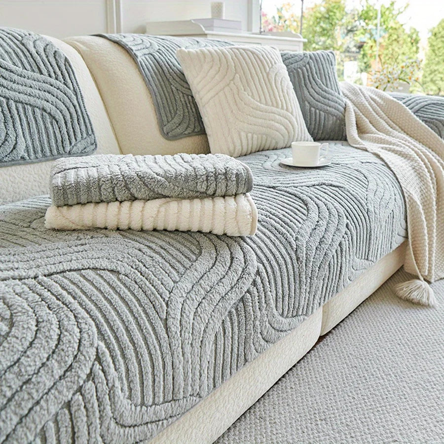 Cream velvet striped sofa cover featuring a non-slip design, ideal for protecting furniture while adding a stylish touch. The soft texture enhances comfort, making it perfect 3