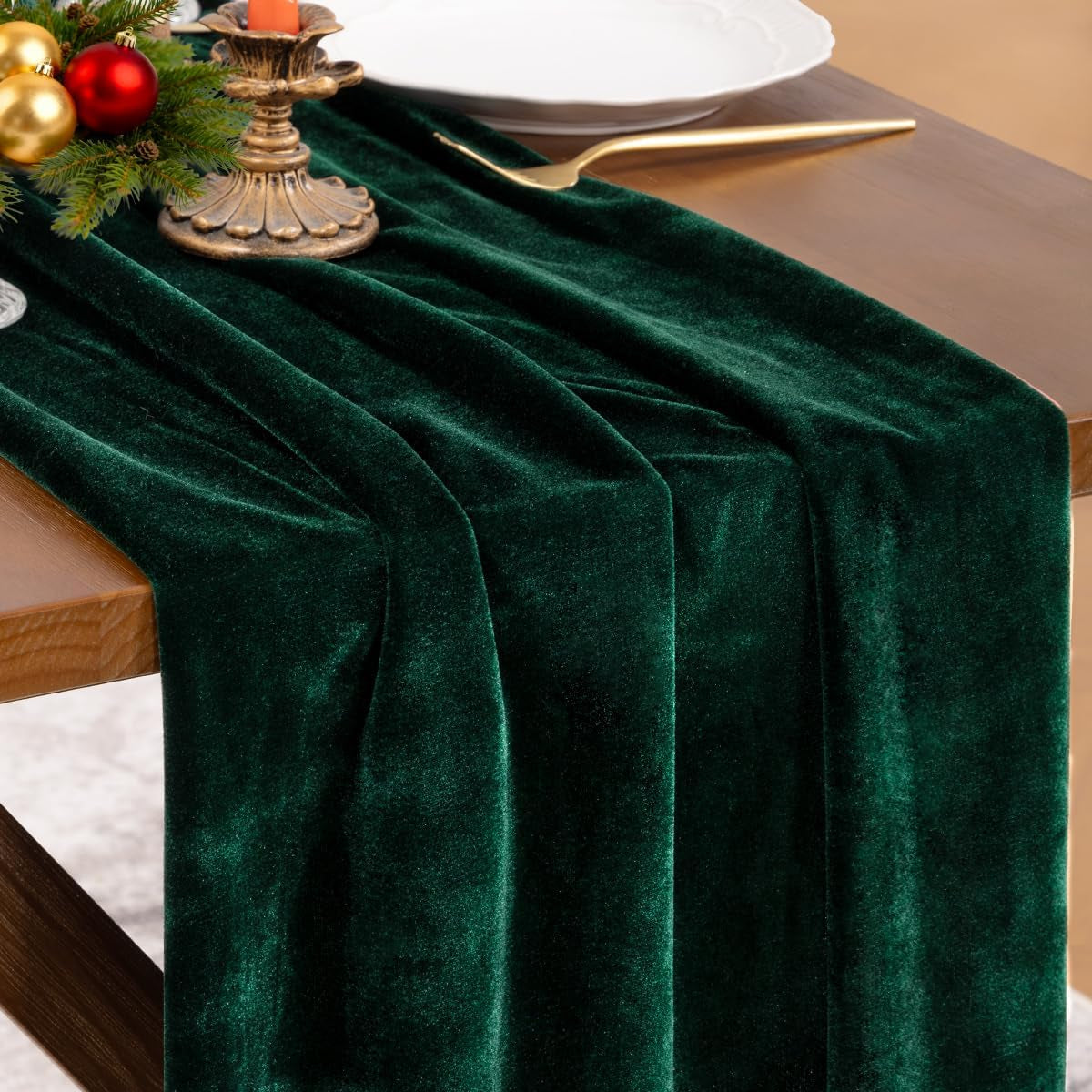 Elegant emerald green velvet table runner, measuring 10ft, perfect for events and dining. Soft texture adds sophistication, enhancing table settings with a rich color 0