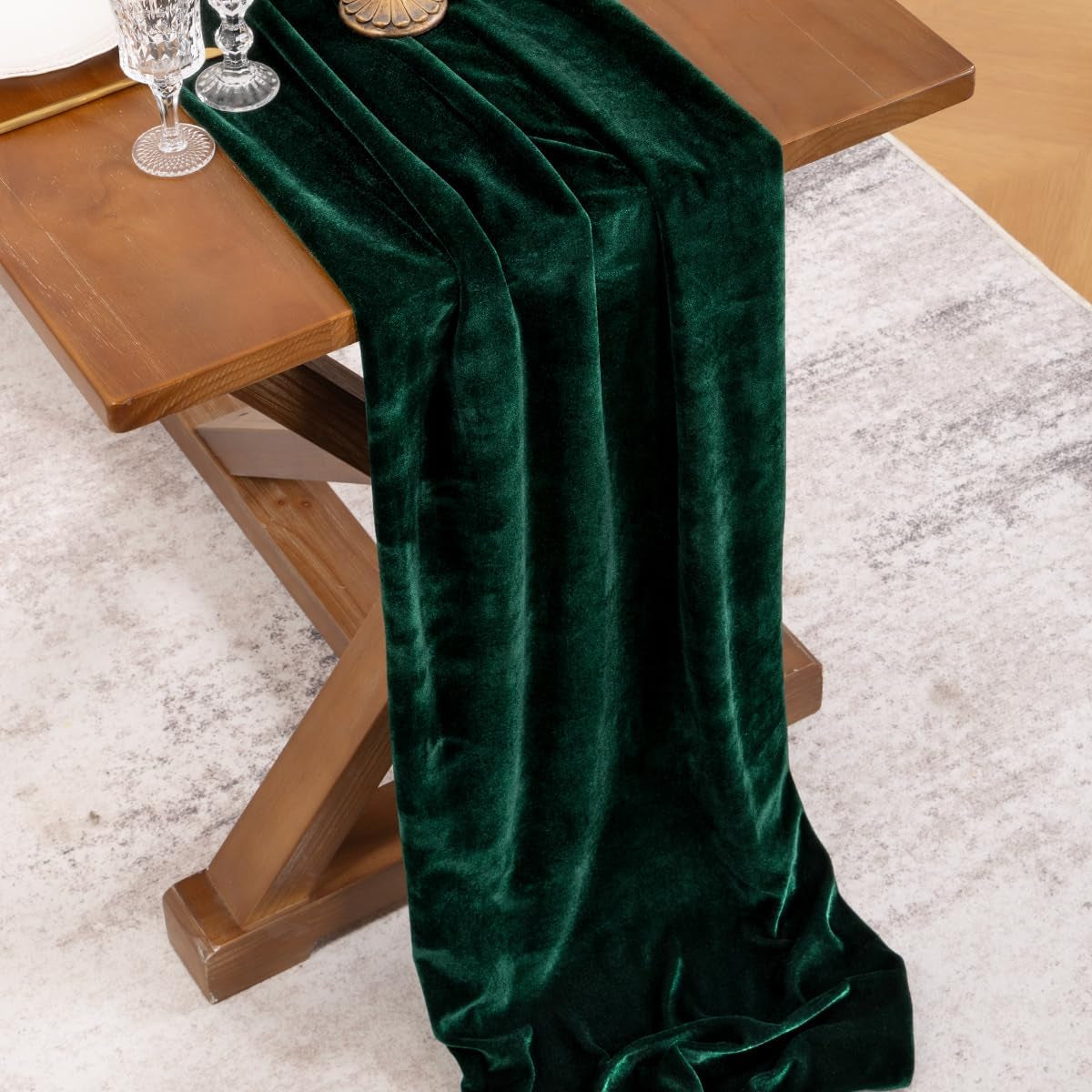 Elegant emerald green velvet table runner, measuring 10ft, perfect for events and dining. Soft texture adds sophistication, enhancing table settings with a rich color 2