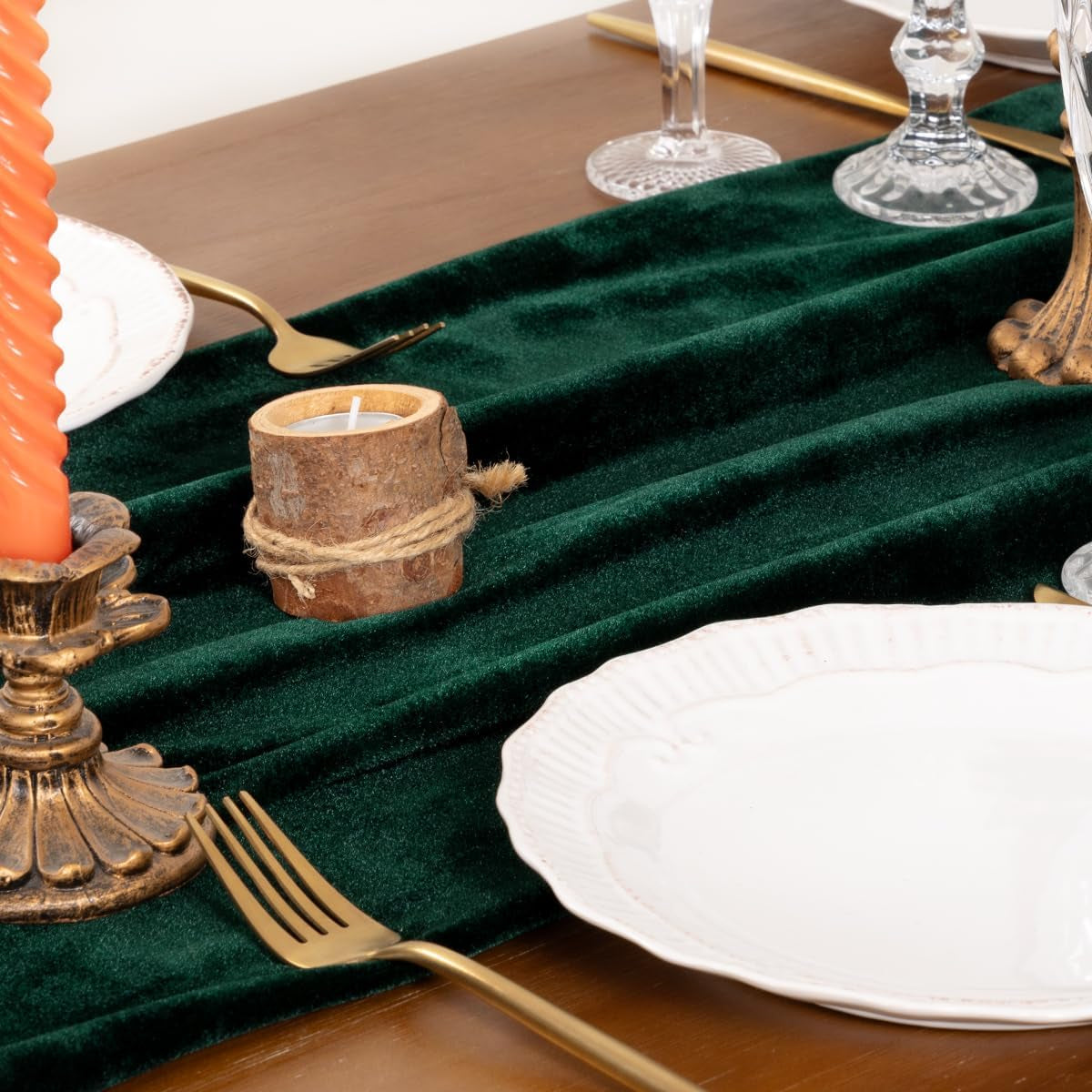 Elegant emerald green velvet table runner, measuring 10ft, perfect for events and dining. Soft texture adds sophistication, enhancing table settings with a rich color 3