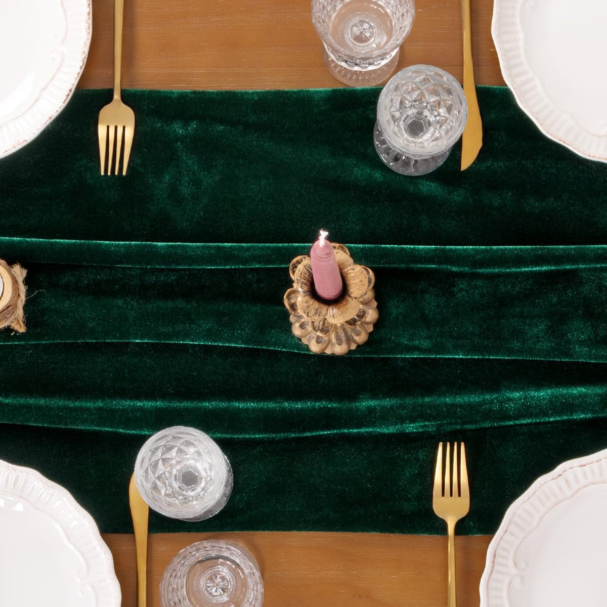 Elegant emerald green velvet table runner, measuring 10ft, perfect for events and dining. Soft texture adds sophistication, enhancing table settings with a rich color 4