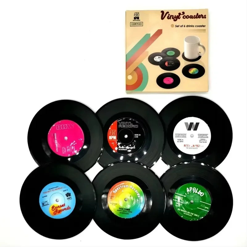 Vinyl record coasters – Retro design – Set of 6 – Durable and anti-slip drink mats 0