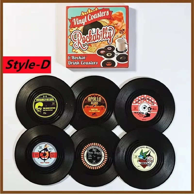 Vinyl record coasters – Retro design – Set of 6 – Durable and anti-slip drink mats 6