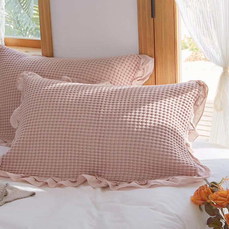 Waffle Weave Cotton Pillowcases with Ruffle – Soft, Breathable, Set of 2, 50cm x 75cm for Standard Pillows 0