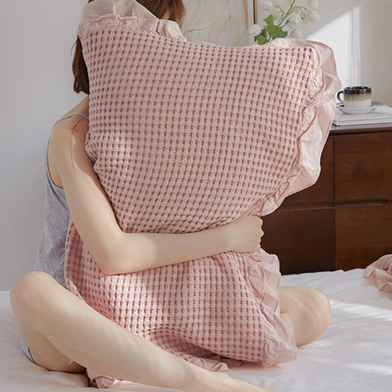 Waffle Weave Cotton Pillowcases with Ruffle – Soft, Breathable, Set of 2, 50cm x 75cm for Standard Pillows 4
