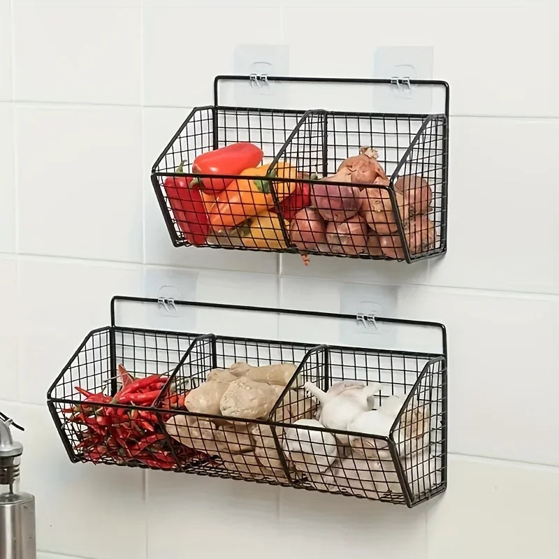 Wall-Mounted Kitchen Storage Basket – Durable Iron – Black – Organizes Spices and Vegetables 0