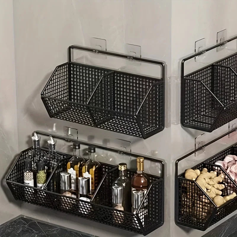 Wall-Mounted Kitchen Storage Basket – Durable Iron – Black – Organizes Spices and Vegetables 2