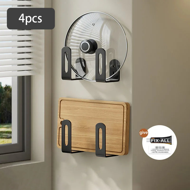 Wall-mounted kitchen rack set in sleek black, featuring multifunctional storage for cutting boards and pot covers. Ideal for organizing bathrooms and sinks, crafted from durable 6