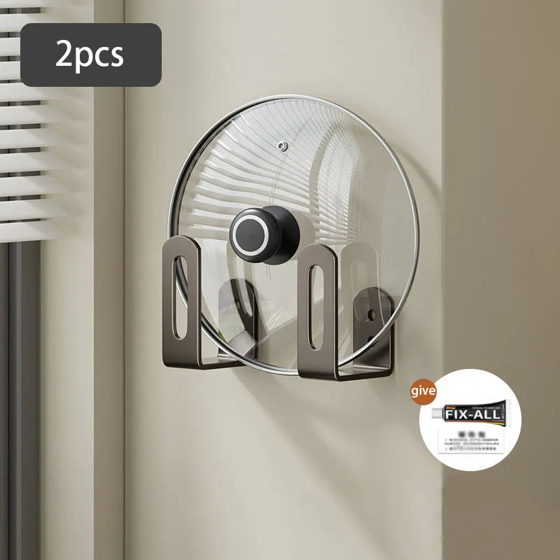 Set of 2 wall-mounted kitchen racks in sleek black metal, featuring multifunctional storage for cutting boards and pot covers. Ideal for organizing kitchens and bathrooms 7