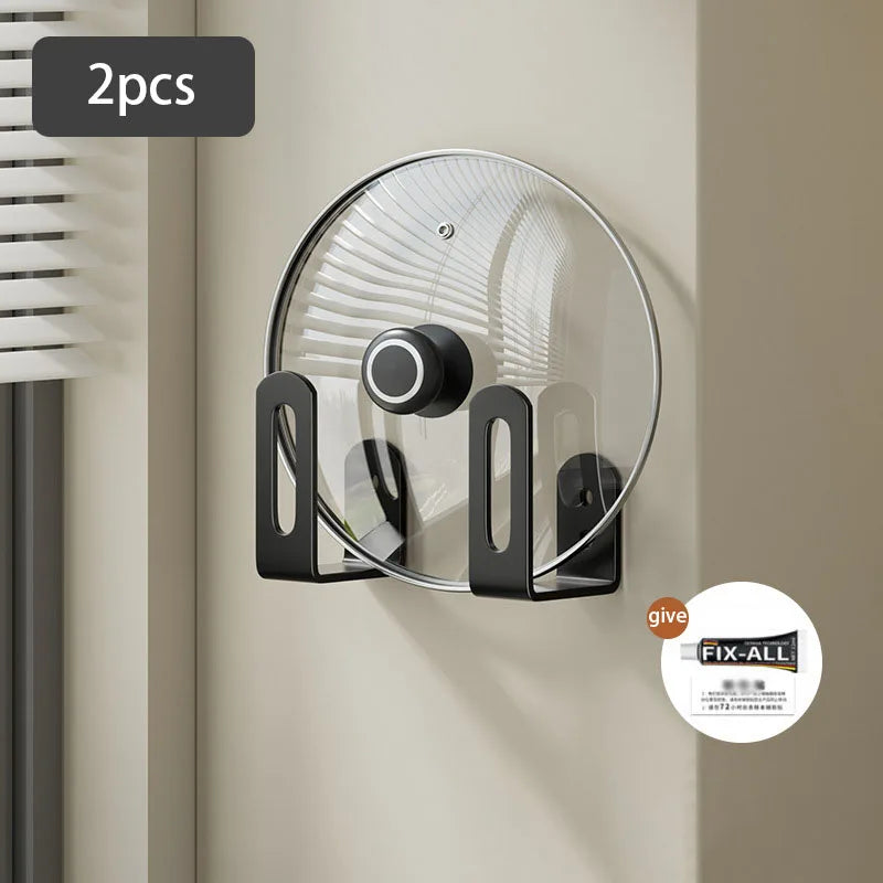 Set of two wall-mounted kitchen racks in sleek black, featuring multifunctional storage for cutting boards and pot covers. Ideal for organizing kitchens or bathrooms, crafted 8