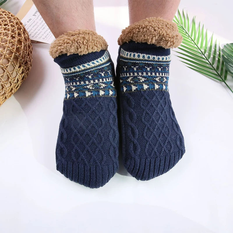 Cozy winter non-slip grip socks in a deep navy blue, featuring a soft fleece interior and textured rubber soles for enhanced stability. Perfect for keeping feet 6