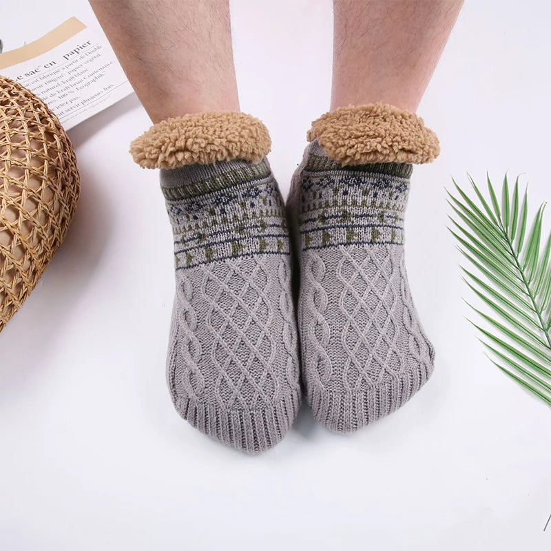 Cozy winter non-slip grip socks featuring a soft fleece material in a warm grey color, designed for comfort and stability. Ideal for lounging at home, 9