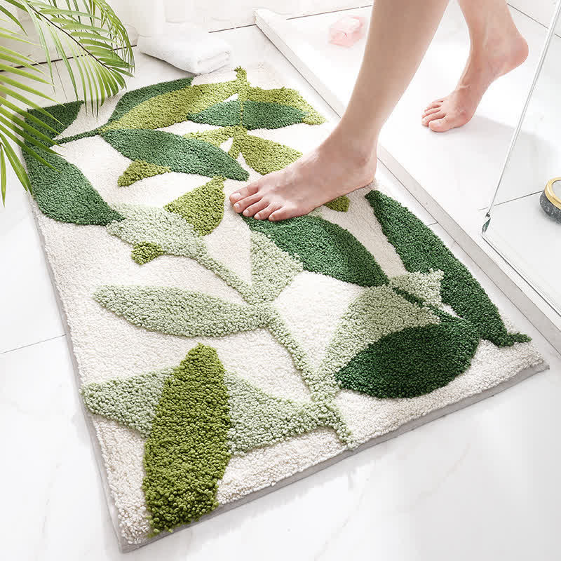 Washable Area Rug with Green Leaf Print – Soft Non-Slip Floor Rug for Kitchen, Bathroom, and Entryway 0
