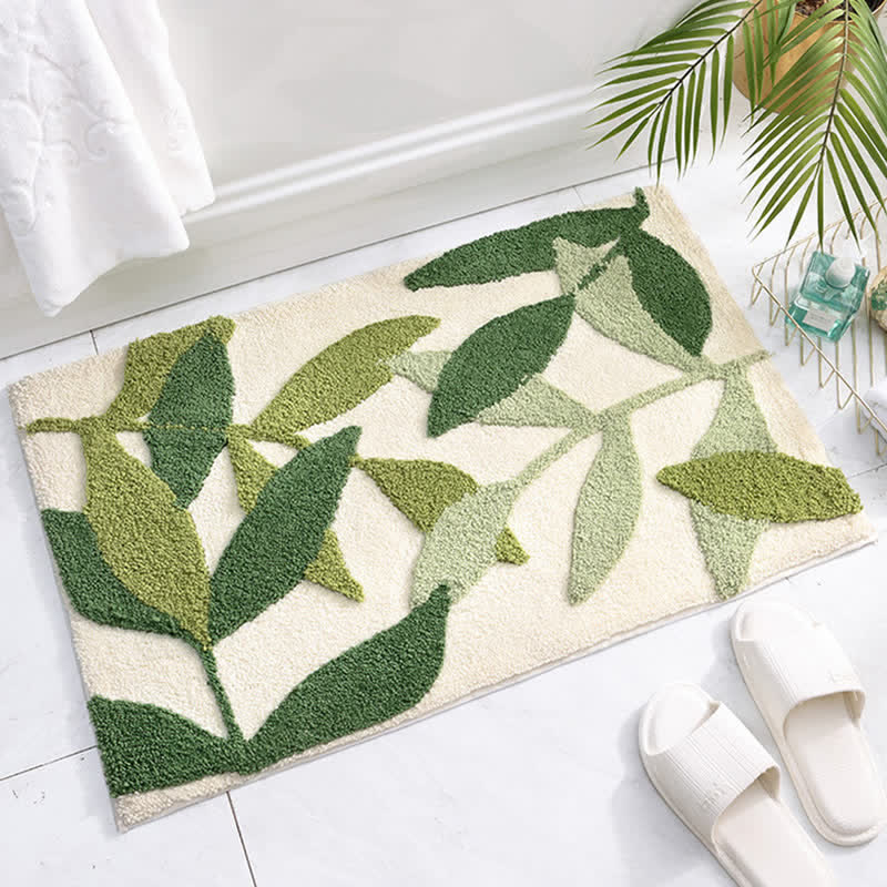 Washable Area Rug with Green Leaf Print – Soft Non-Slip Floor Rug for Kitchen, Bathroom, and Entryway 1