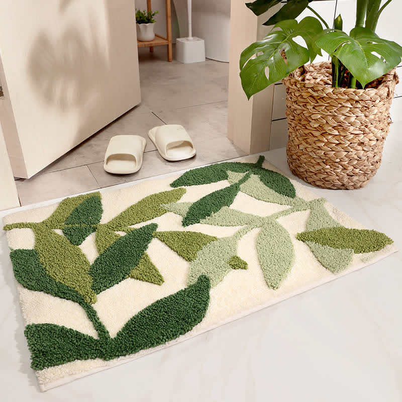 Washable Area Rug with Green Leaf Print – Soft Non-Slip Floor Rug for Kitchen, Bathroom, and Entryway 2