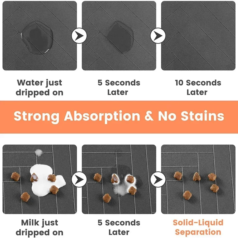 Waterproof dog food mat in a sleek gray color, featuring an anti-slip backing for stability. Made from durable, quick-dry material, it's stain 1