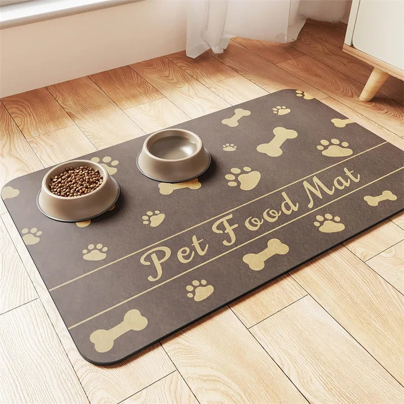 Waterproof dog food mat in dark gray with an anti-slip backing. Features quick-dry and stain-resistant material, designed to keep feeding areas clean and 11