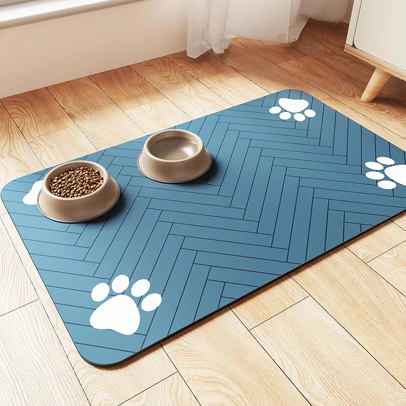 Waterproof dog food mat in a sleek gray color featuring an anti-slip backing. Quick-dry and stain-resistant material ensures easy cleaning and durability, providing 13