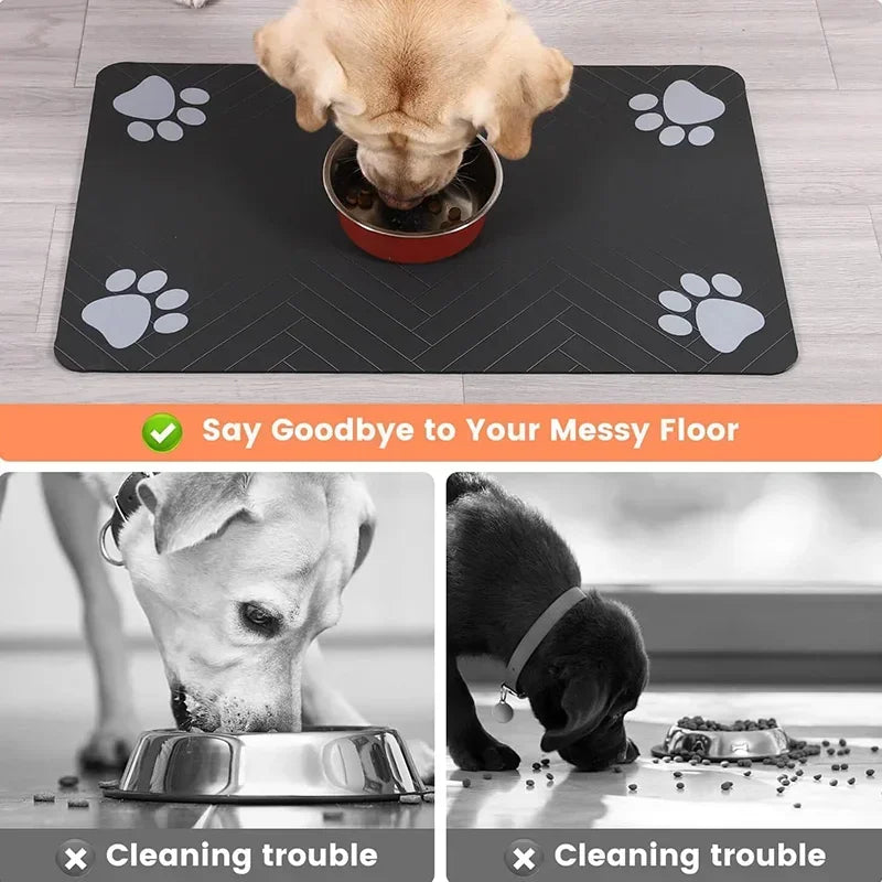 Waterproof dog food mat in a sleek black color, featuring an anti-slip design for stability. Made of quick-dry, stain-resistant material, it 2