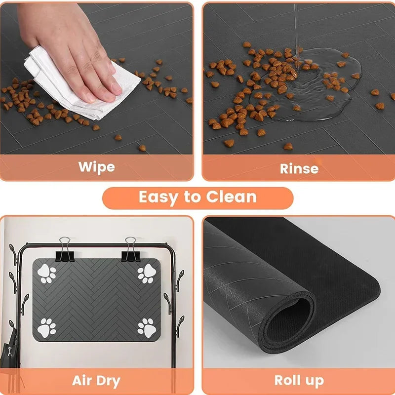 Waterproof dog food mat in a sleek gray color, featuring an anti-slip backing for stability. Made from quick-dry, stain-resistant material, it 3