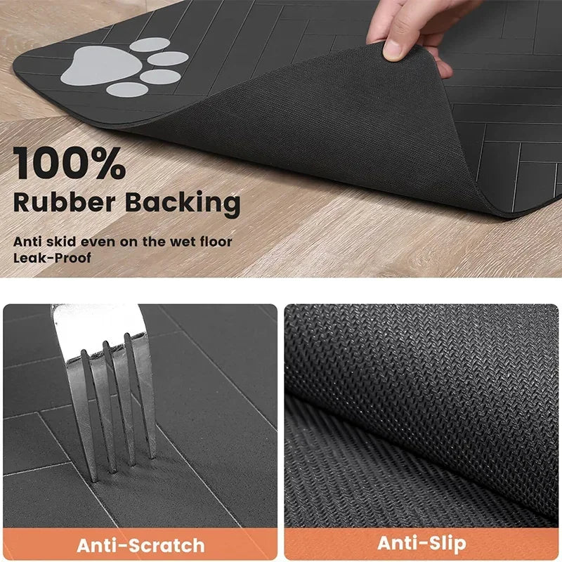 Waterproof dog food mat in a sleek black design, featuring anti-slip backing for stability, quick-dry material for easy cleanup, and stain-resistant properties 4