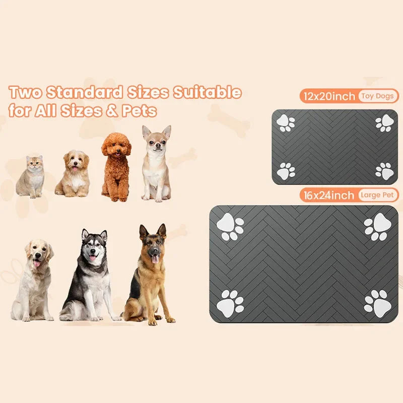 Waterproof dog food mat in a sleek black color, featuring an anti-slip backing and quick-dry surface. Ideal for keeping floors clean and preventing spills 5