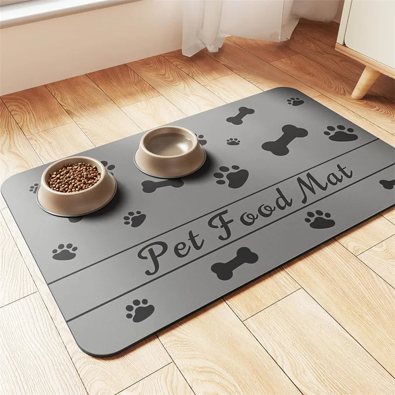 Waterproof dog food mat in a sleek gray color, featuring an anti-slip backing. Designed for easy cleanup, it is quick-drying and stain-resistant 6