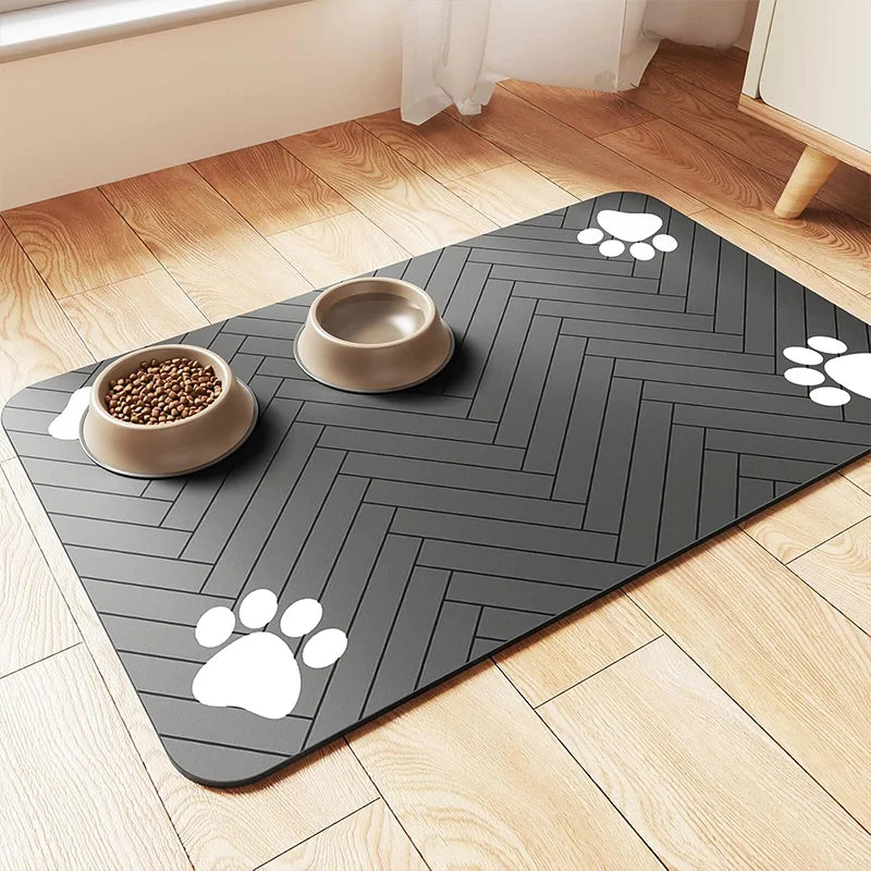 Waterproof dog food mat in deep gray with anti-slip backing, featuring a quick-dry and stain-resistant surface. Ideal for keeping feeding areas clean and 7