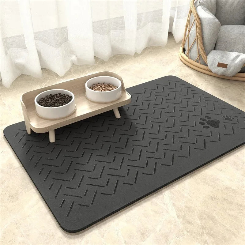 Waterproof dog food mat in slate gray, featuring an anti-slip backing for stability. Made from durable, stain-resistant material, this quick-dry mat 9
