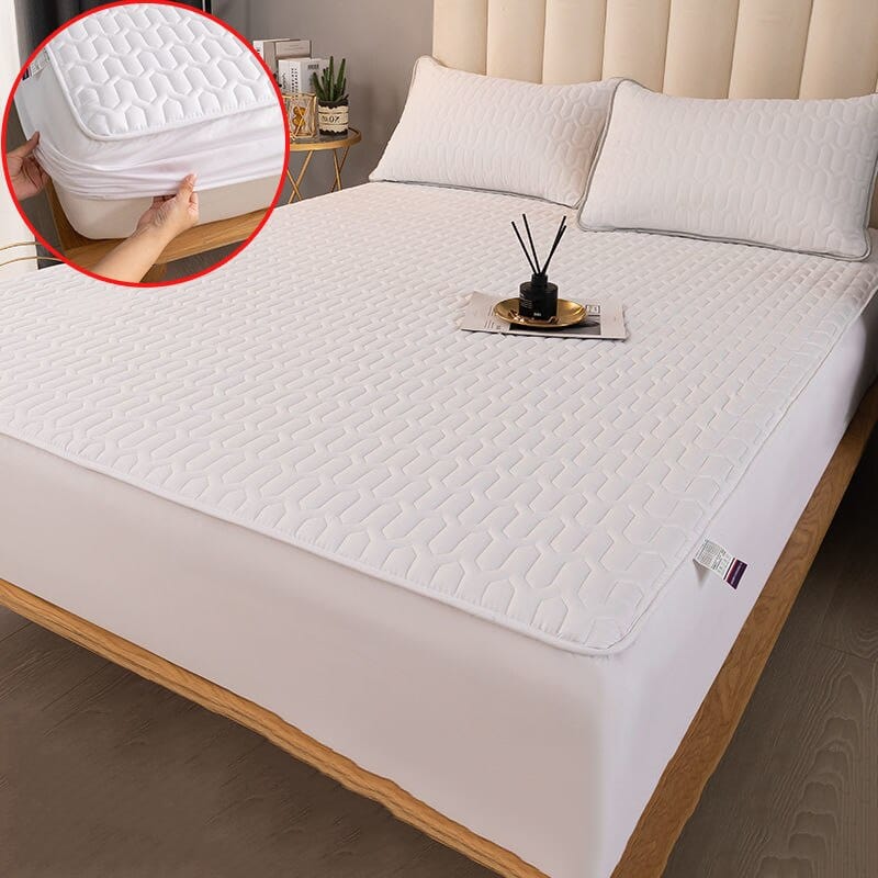 Waterproof queen mattress protector with a soft knotted design, offering comfort and protection. Made from durable, breathable material in a light neutral color, perfect 6