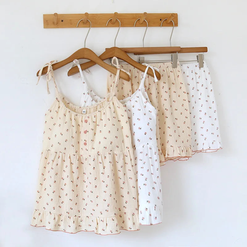 Women's Cotton Pajama Set - Soft Crepe Cloth Suspender Top and Shorts, Best Pajamas for Women for Home Comfort 0