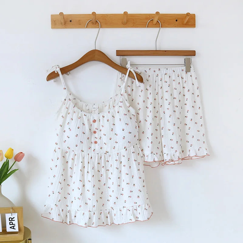 Women's Cotton Pajama Set - Soft Crepe Cloth Suspender Top and Shorts, Best Pajamas for Women for Home Comfort 1
