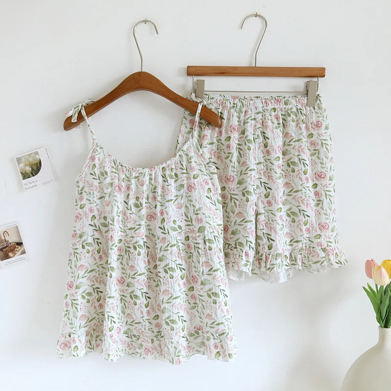 Women's Cotton Pajama Set - Soft Crepe Cloth Suspender Top and Shorts, Best Pajamas for Women for Home Comfort 2