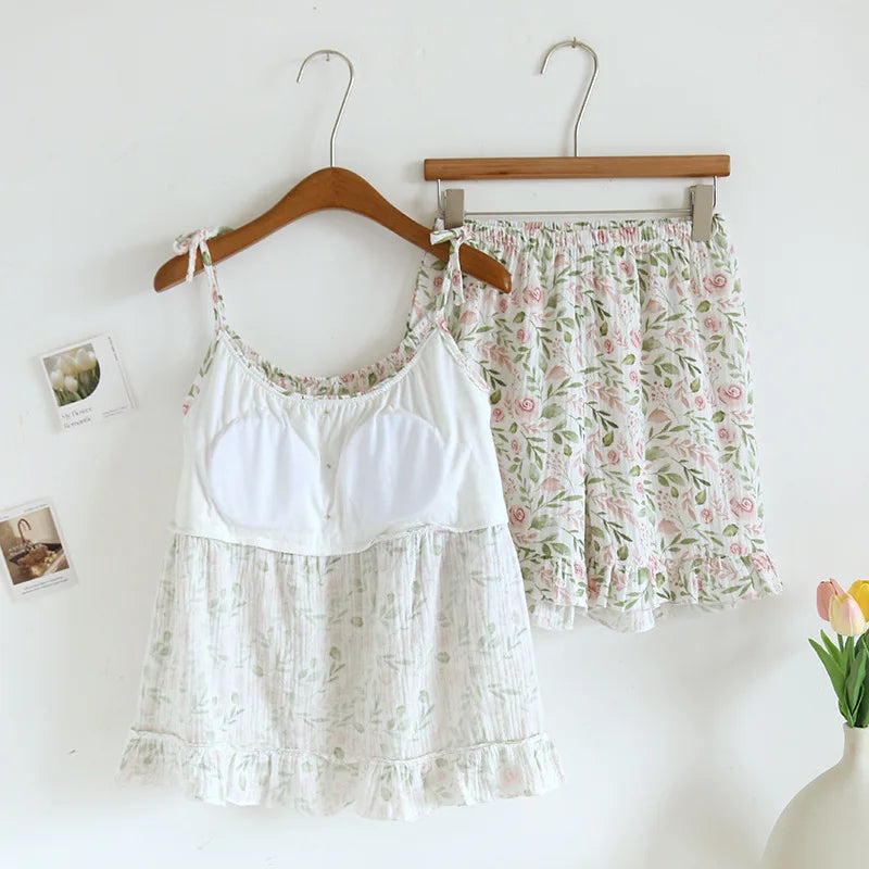 Women's Cotton Pajama Set - Soft Crepe Cloth Suspender Top and Shorts, Best Pajamas for Women for Home Comfort 3