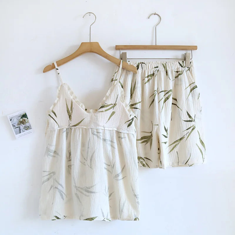 Women's Cotton Pajama Set - Soft Crepe Cloth Suspender Top and Shorts, Best Pajamas for Women for Home Comfort 6