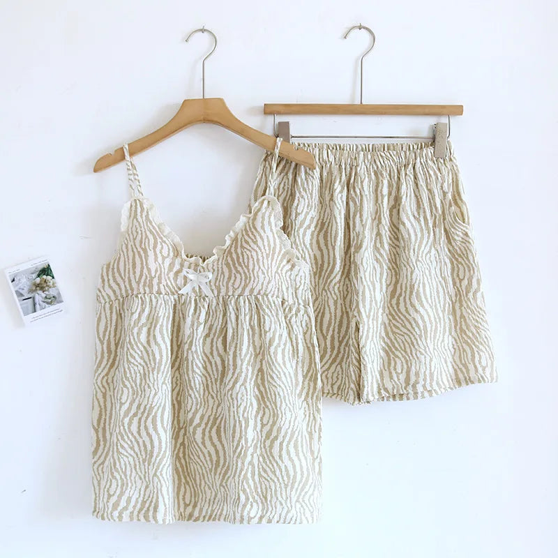 Women's Cotton Pajama Set - Soft Crepe Cloth Suspender Top and Shorts, Best Pajamas for Women for Home Comfort 7