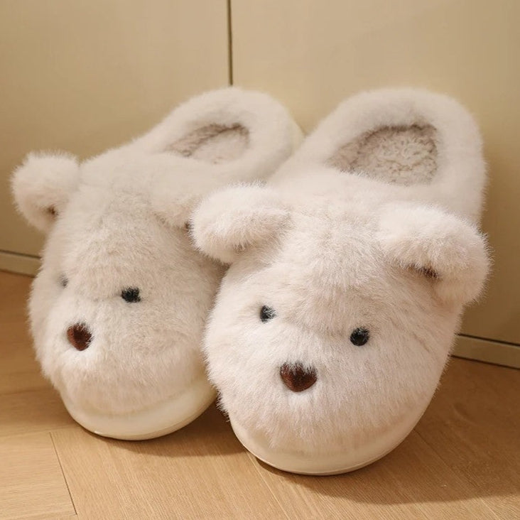 Womens slippers – Soft plush – Cute teddy bear design – Cozy indoor footwear – Available in khaki or white 1