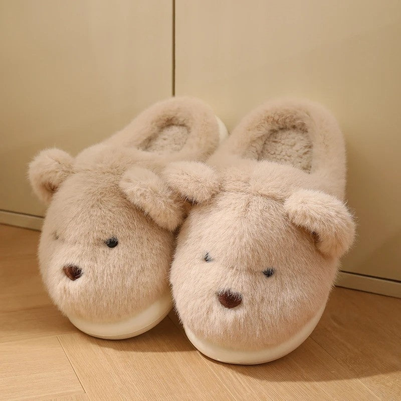 Womens slippers – Soft plush – Cute teddy bear design – Cozy indoor footwear – Available in khaki or white 2